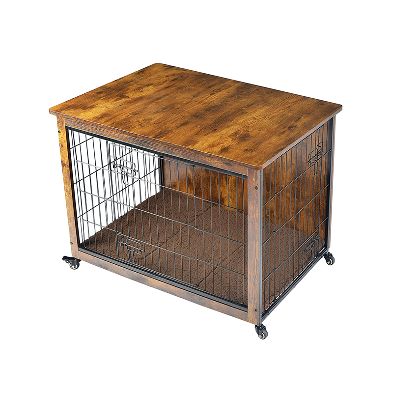 قفص الكلب على طراز الأثاث الخشبي الداخلي مع وسادة وعجلات قفص الكلب على طراز الأثاث الخشبي الداخلي مع وسادة وعجلات