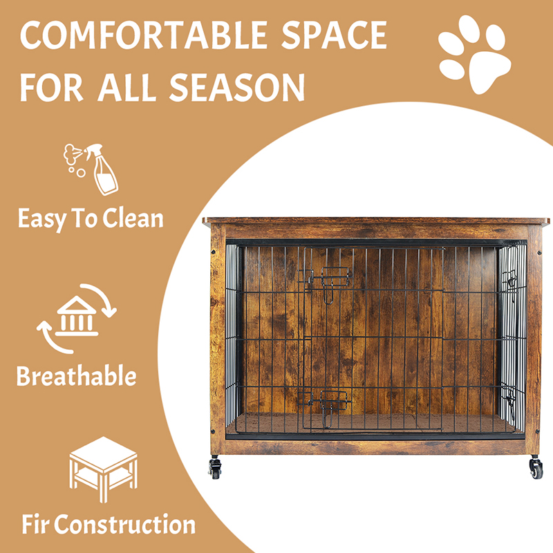 قفص الكلب على طراز الأثاث الخشبي الداخلي مع وسادة وعجلات قفص الكلب على طراز الأثاث الخشبي الداخلي مع وسادة وعجلات