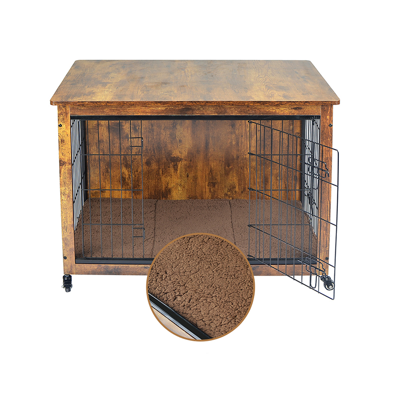 قفص الكلب على طراز الأثاث الخشبي الداخلي مع وسادة وعجلات قفص الكلب على طراز الأثاث الخشبي الداخلي مع وسادة وعجلات