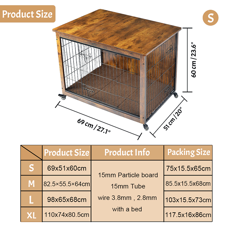 قفص الكلب على طراز الأثاث الخشبي الداخلي مع وسادة وعجلات قفص الكلب على طراز الأثاث الخشبي الداخلي مع وسادة وعجلات