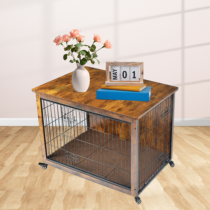 قفص الكلب على طراز الأثاث الخشبي الداخلي مع وسادة وعجلات قفص الكلب على طراز الأثاث الخشبي الداخلي مع وسادة وعجلات