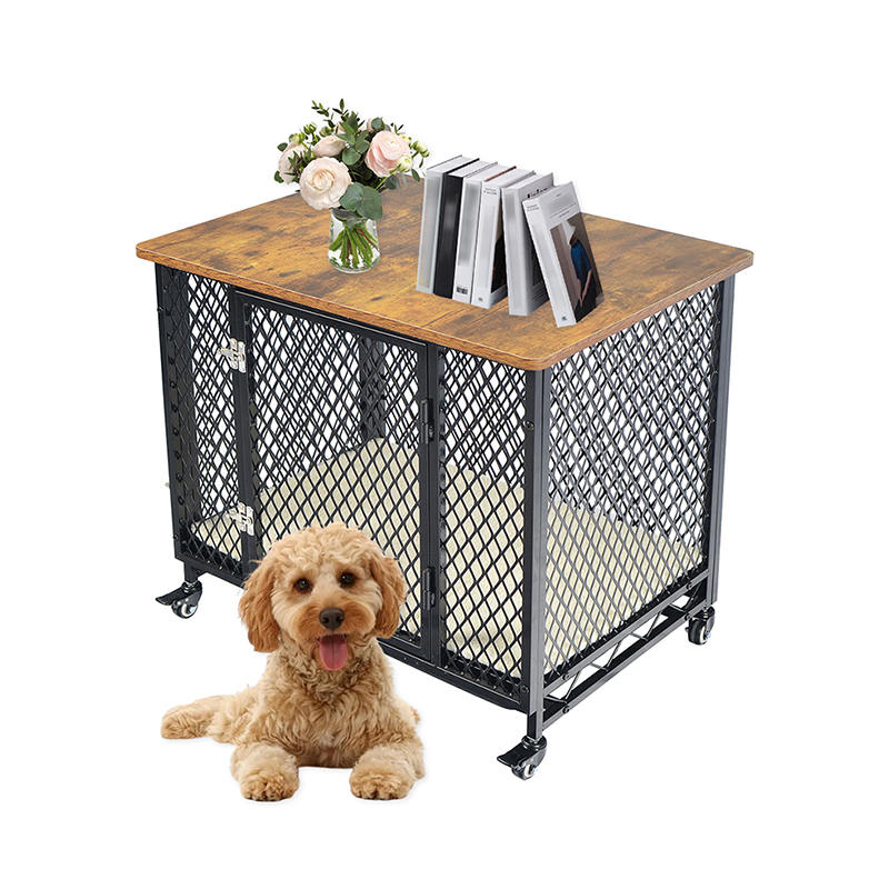 نمط الأثاث قفص كلب خشبي كبير مع عجلات ووسادة نمط الأثاث قفص كلب خشبي كبير مع عجلات ووسادة